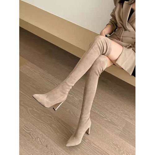 2025年秋冬性感尖頭高跟過膝長靴女粗跟彈力瘦瘦靴包腿顯瘦長筒靴