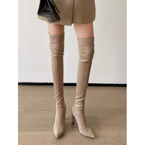 2025年秋冬性感尖頭高跟過膝長靴女粗跟彈力瘦瘦靴包腿顯瘦長筒靴