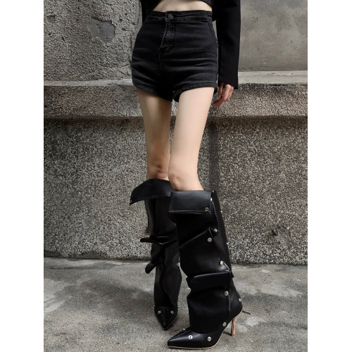 紐釦拼接兩穿堆堆靴2026春夏新款辣妹高跟時裝靴女尖頭細跟長筒靴