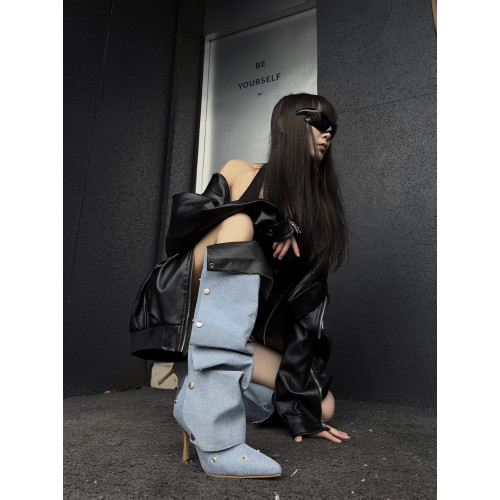 紐釦拼接兩穿堆堆靴2026春夏新款辣妹高跟時裝靴女尖頭細跟長筒靴