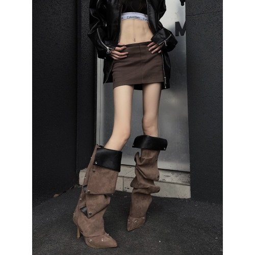 紐釦拼接兩穿堆堆靴2026春夏新款辣妹高跟時裝靴女尖頭細跟長筒靴