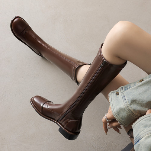 大碼長筒靴女41一43秋冬圓頭中跟側拉鍊不過膝長靴粗跟高筒靴子40