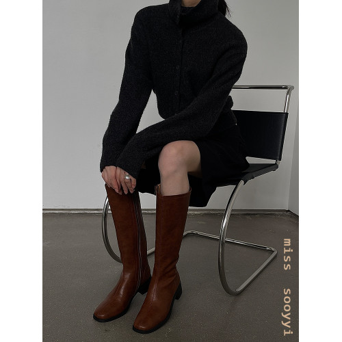 ST三人行 焦糖甜棕|真皮長靴中跟不過膝靴牛皮方頭粗跟高筒騎士靴