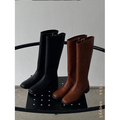 ST三人行 焦糖甜棕|真皮長靴中跟不過膝靴牛皮方頭粗跟高筒騎士靴