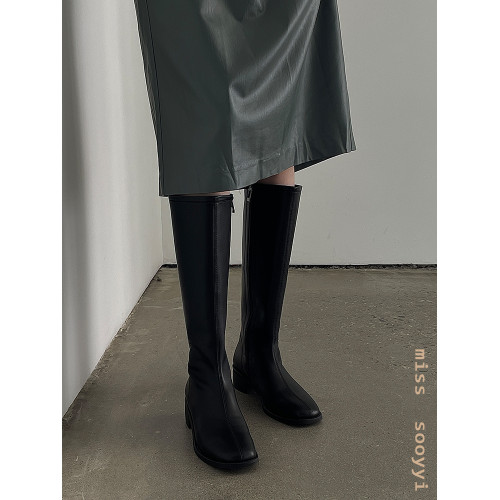 ST三人行 焦糖甜棕|真皮長靴中跟不過膝靴牛皮方頭粗跟高筒騎士靴