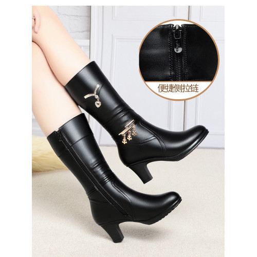 中筒靴女冬季高跟媽媽靴新款馬丁靴加絨中老年女士真軟皮舒適靴子