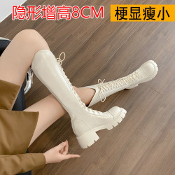 真皮長筒靴女2025秋冬加絨白色高筒靴v口顯瘦長靴百搭厚底騎士靴