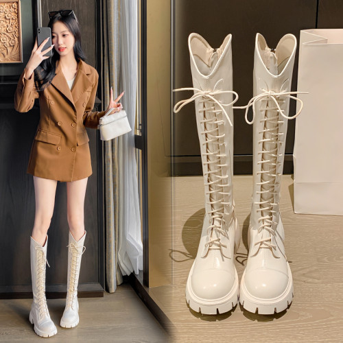 真皮長筒靴女2025秋冬加絨白色高筒靴v口顯瘦長靴百搭厚底騎士靴