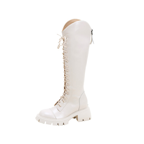 真皮長筒靴女2025秋冬加絨白色高筒靴v口顯瘦長靴百搭厚底騎士靴