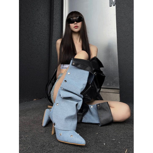 紐釦拼接兩穿堆堆靴2026春夏新款辣妹高跟時裝靴女尖頭細跟長筒靴