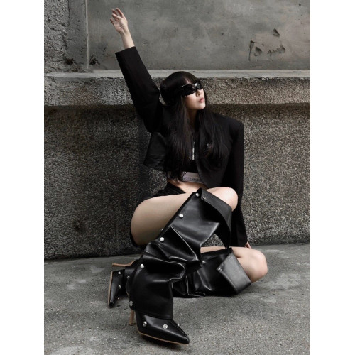 紐釦拼接兩穿堆堆靴2026春夏新款辣妹高跟時裝靴女尖頭細跟長筒靴