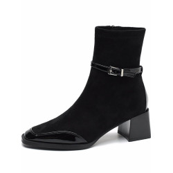 粗跟方頭復古絨面瘦瘦靴女2025年安可拉紅拼接短筒靴子百搭馬丁靴