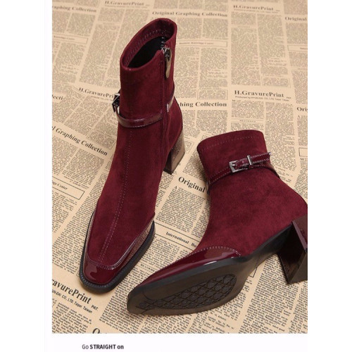 粗跟方頭復古絨面瘦瘦靴女2025年安可拉紅拼接短筒靴子百搭馬丁靴