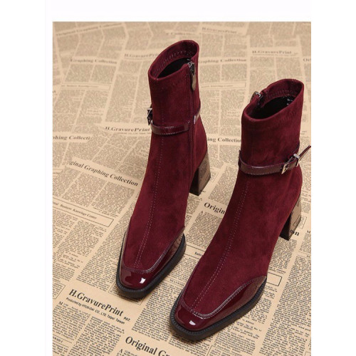 粗跟方頭復古絨面瘦瘦靴女2025年安可拉紅拼接短筒靴子百搭馬丁靴