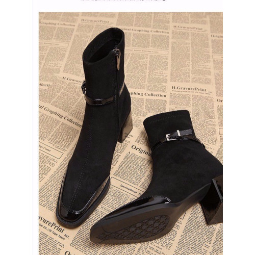 粗跟方頭復古絨面瘦瘦靴女2025年安可拉紅拼接短筒靴子百搭馬丁靴