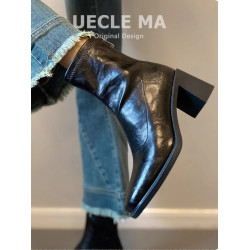 牛皮版~高跟短靴女2025秋冬新款方頭馬丁靴小個子法式粗跟瘦瘦靴