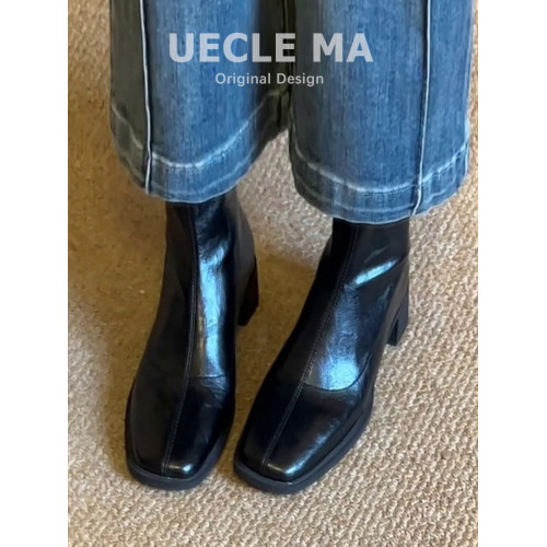 牛皮版~高跟短靴女2025秋冬新款方頭馬丁靴小個子法式粗跟瘦瘦靴 牛皮版~高跟短靴女2025秋冬新款方頭馬丁靴小個子法式粗跟瘦瘦靴