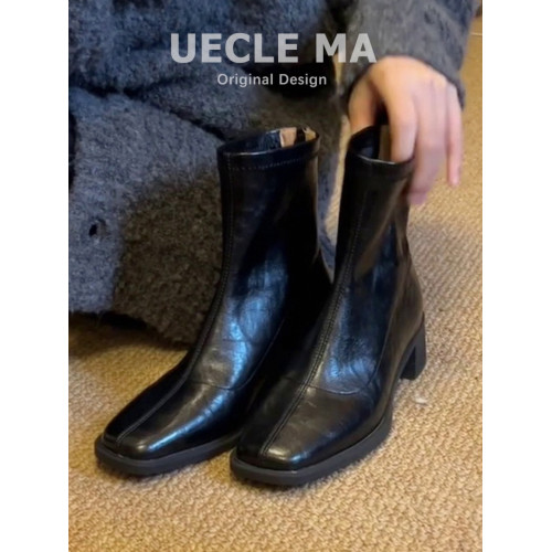 牛皮版~高跟短靴女2025秋冬新款方頭馬丁靴小個子法式粗跟瘦瘦靴 牛皮版~高跟短靴女2025秋冬新款方頭馬丁靴小個子法式粗跟瘦瘦靴