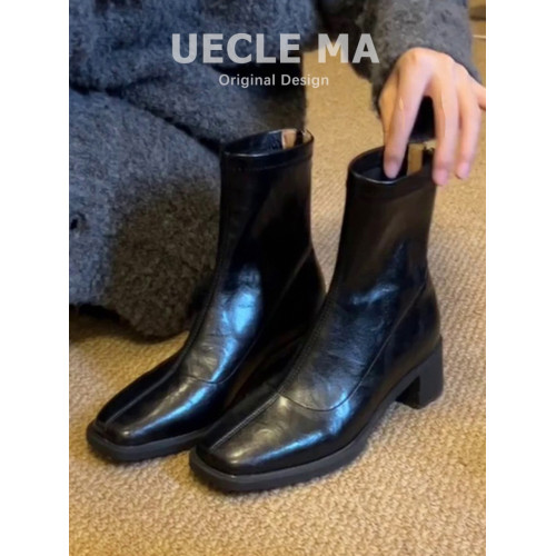 牛皮版~高跟短靴女2025秋冬新款方頭馬丁靴小個子法式粗跟瘦瘦靴 牛皮版~高跟短靴女2025秋冬新款方頭馬丁靴小個子法式粗跟瘦瘦靴