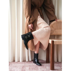 牛皮版~秋冬新款韓版方頭皮帶釦繙折中筒靴子時尚粗跟套筒短靴女