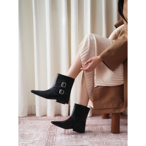 牛皮版~秋冬新款韓版方頭皮帶釦繙折中筒靴子時尚粗跟套筒短靴女