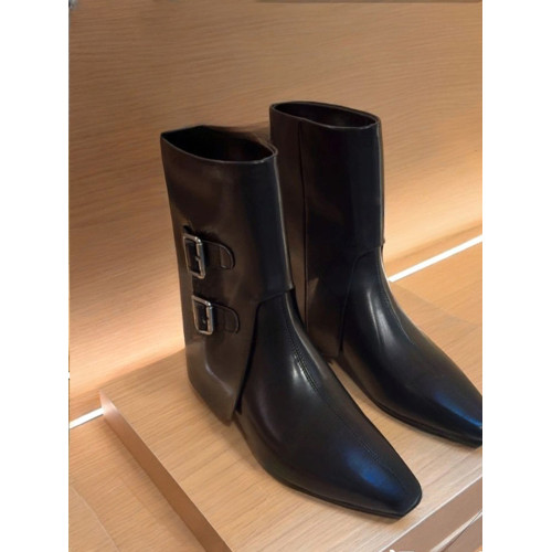 牛皮版~秋冬新款韓版方頭皮帶釦繙折中筒靴子時尚粗跟套筒短靴女