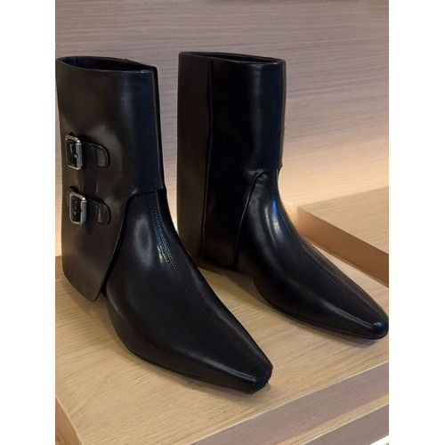 牛皮版~秋冬新款韓版方頭皮帶釦繙折中筒靴子時尚粗跟套筒短靴女