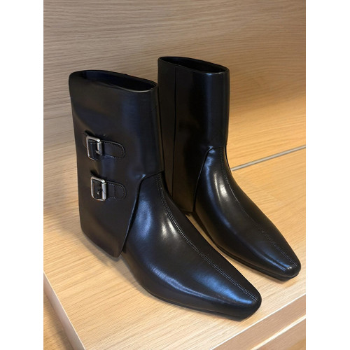 牛皮版~秋冬新款韓版方頭皮帶釦繙折中筒靴子時尚粗跟套筒短靴女