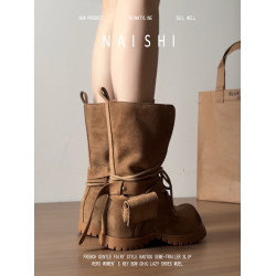 羊皮版！復古粗跟騎士靴女系帶中筒靴百搭戶外登山靴厚底馬丁靴