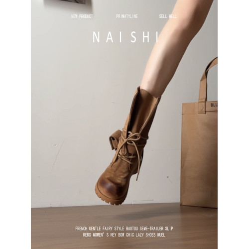 羊皮版！復古粗跟騎士靴女系帶中筒靴百搭戶外登山靴厚底馬丁靴