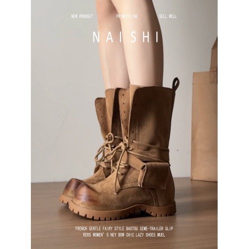 羊皮版！復古粗跟騎士靴女系帶中筒靴百搭戶外登山靴厚底馬丁靴