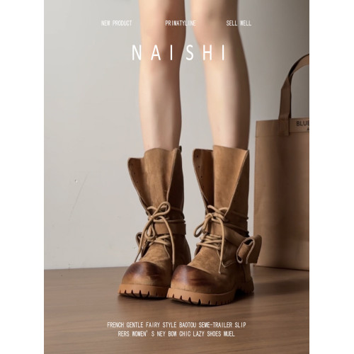 羊皮版！復古粗跟騎士靴女系帶中筒靴百搭戶外登山靴厚底馬丁靴