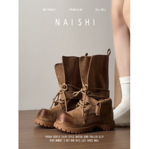 羊皮版！復古粗跟騎士靴女系帶中筒靴百搭戶外登山靴厚底馬丁靴