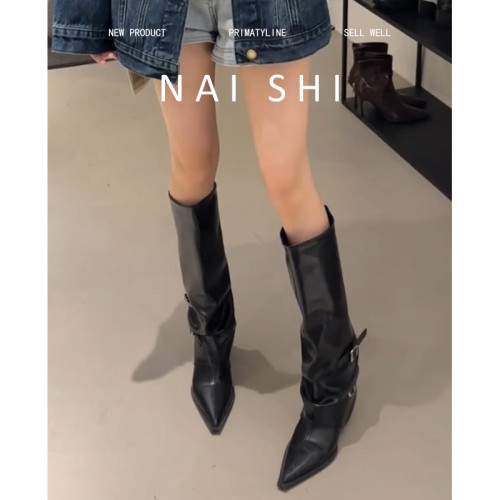 羊皮版!尖頭粗跟褲琯靴女設計感皮帶釦高筒騎士靴不過膝牛仔長靴 羊皮版!尖頭粗跟褲琯靴女設計感皮帶釦高筒騎士靴不過膝牛仔長靴