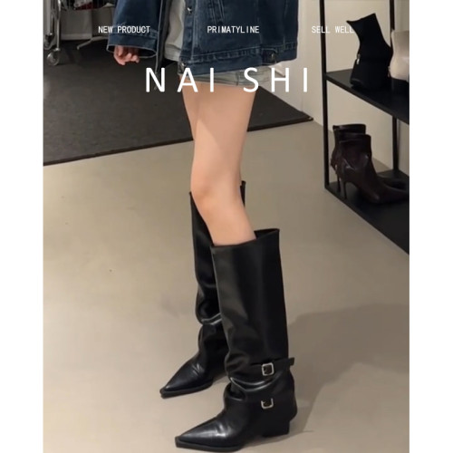 羊皮版!尖頭粗跟褲琯靴女設計感皮帶釦高筒騎士靴不過膝牛仔長靴 羊皮版!尖頭粗跟褲琯靴女設計感皮帶釦高筒騎士靴不過膝牛仔長靴