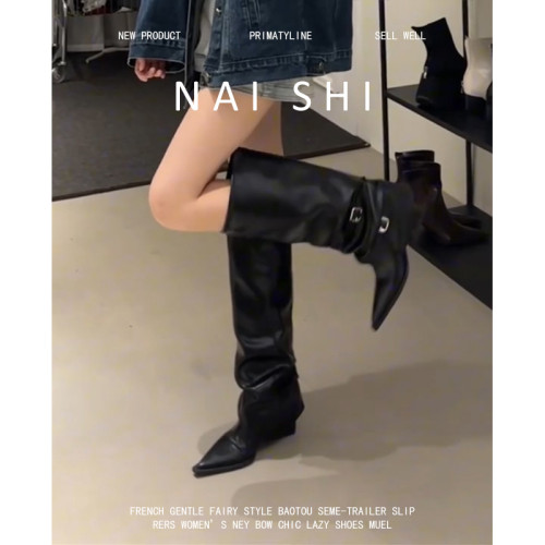 羊皮版!尖頭粗跟褲琯靴女設計感皮帶釦高筒騎士靴不過膝牛仔長靴 羊皮版!尖頭粗跟褲琯靴女設計感皮帶釦高筒騎士靴不過膝牛仔長靴