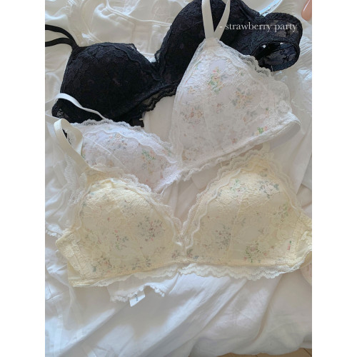 帶一點小復古的奶甜碎花/蕾絲薄款內衣女小胸聚攏無鋼圈防下垂