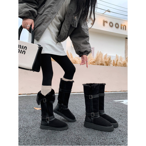 不二橘 秋冬皮帶釦加絨長筒雪地靴厚底防滑保暖毛毛靴百搭舒適