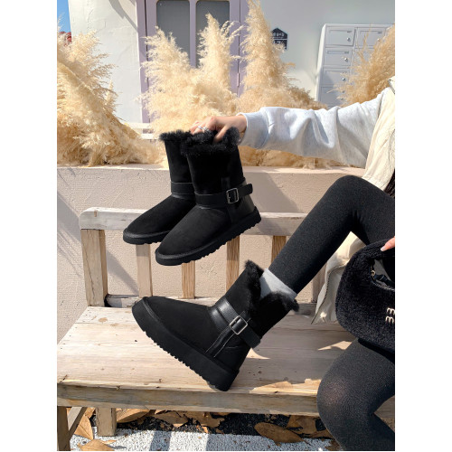 不二橘 秋冬皮帶釦加絨長筒雪地靴厚底防滑保暖毛毛靴百搭舒適