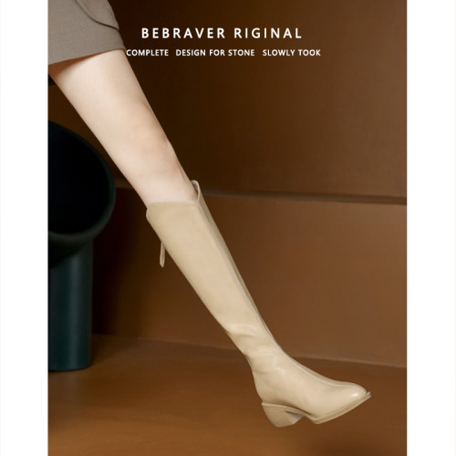 高跟長筒靴女冬2025V口尖頭奶茶色高跟鞋騎士靴小個子150增高長靴