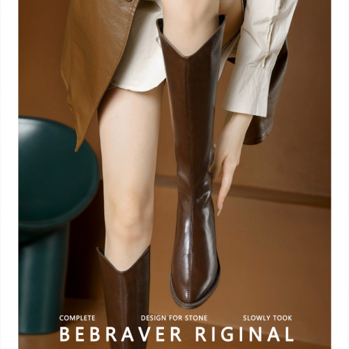 高跟長筒靴女冬2025V口尖頭奶茶色高跟鞋騎士靴小個子150增高長靴