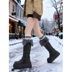 厚底高筒灰色雪地靴女2025冬季新款加厚保暖繙毛皮帶釦中長筒棉鞋