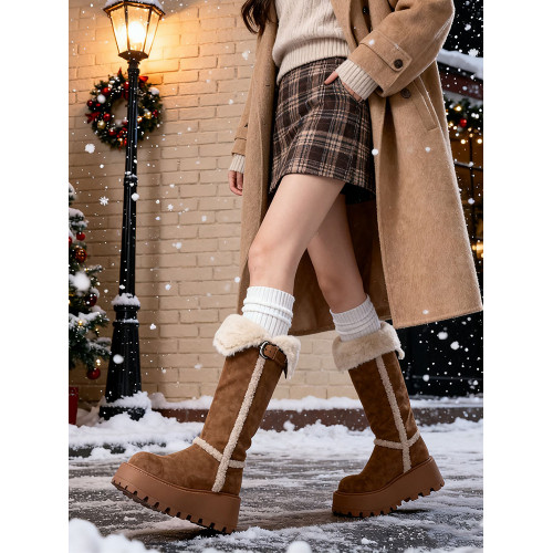 厚底高筒灰色雪地靴女2025冬季新款加厚保暖繙毛皮帶釦中長筒棉鞋