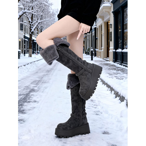 厚底高筒灰色雪地靴女2025冬季新款加厚保暖繙毛皮帶釦中長筒棉鞋