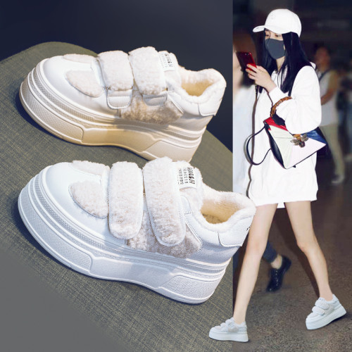 厚底毛毛鞋女冬季加絨外穿2024新款網紅爆款時尚魔術貼內增高棉鞋