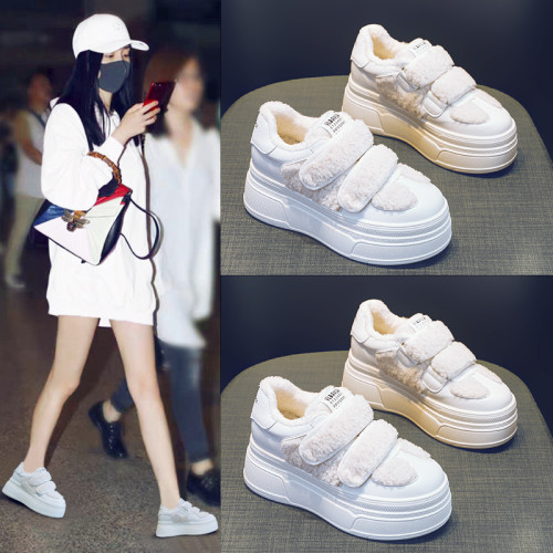 厚底毛毛鞋女冬季加絨外穿2024新款網紅爆款時尚魔術貼內增高棉鞋