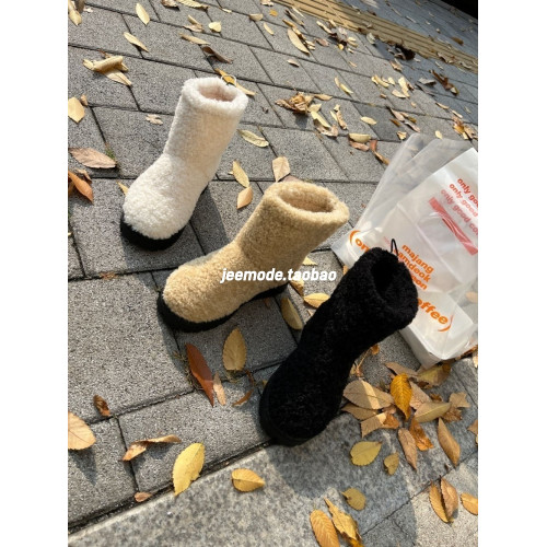 小池在首爾東大門冬季新款卷卷毛加厚仿羊羔絨抽繩小衆休閒雪地靴