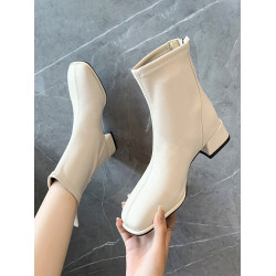 馬丁靴女秋冬2025新款方頭粗跟白色高跟鞋彈力瘦瘦靴百搭加絨短靴