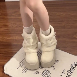 白色厚底雪地靴女2025年新款冬季加絨保暖毛毛短靴小個子增高棉鞋