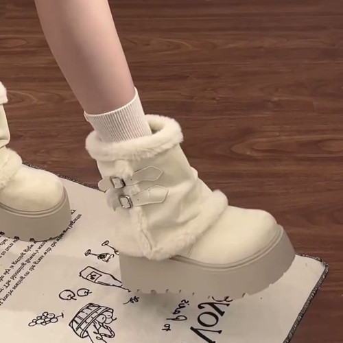 白色厚底雪地靴女2025年新款冬季加絨保暖毛毛短靴小個子增高棉鞋